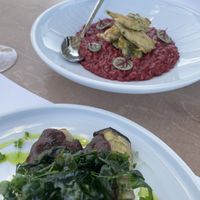 Beetroot risotto with "chicken"  at 5SENSES Restaurant in Santorini