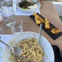 Rolled eggplant, fried cheese and carbonara - not pictured are the x2 glass of red and rose and mojito  at 5SENSES Restaurant in Santorini