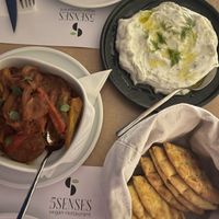 Tzatziki, pita and spetzofai at 5SENSES Restaurant in Santorini