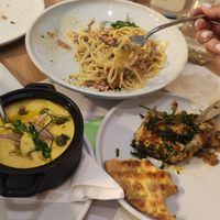 my friend and I went halves with the two mains - carbonara and moussaka! plus fava as a side at 5SENSES Restaurant in Santorini
