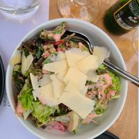 Seasonal salad with strawberries, cherry tomatoes and vegan parmesan at 5SENSES Restaurant in Santorini
