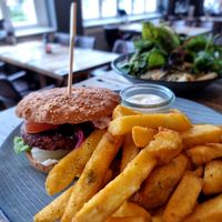 Vegan burger w vegan mayo and fries at Posthuset in Esbjerg