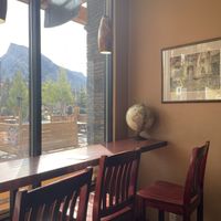 Mountain views at Evelyn's Coffee Bar in Banff