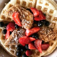 Chik’n and Waffles, available on weekends at Project Pollo - Anderson Lane in Austin