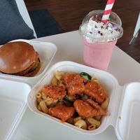 Nashville chikin burger, red velvet shake, buffalo chicken mac n cheese at Project Pollo - Anderson Lane in Austin