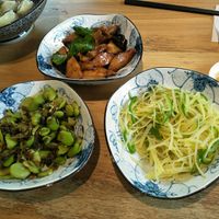 Shredded potatoe & peppers, fava beans, braised tofu. at Even Noodles Sing 碗阳春 in Shanghai