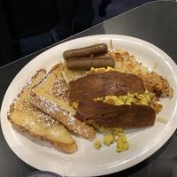 Breakfast with french toast and hash at Champs Diner in Brooklyn