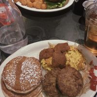 Breakfast slam and vegan chicken sandwich   at Champs Diner in Brooklyn