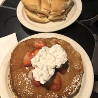 BEC & Strawberry cheesecake pancakes! BEC is a lot of bread compared to bacon, egg & chz but still delicious, strawberry cheesecake pancakes 10/10  at Champs Diner in Brooklyn