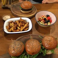 Vegan sides, fries, classic vegan burger and salad. at Submarine Burgers in Zadar