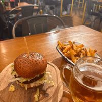 Burger, fries and beer  at Submarine Burgers in Zadar