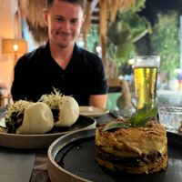 Bao buns & mousaka, highly recommended the bao buns! at Almond in Paros