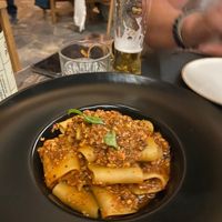 Simple but fab - vegan mince pasta, quite nutty, really good texture and like nothing we’ve tasted in England! at Almond in Paros