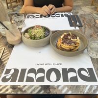 Vegan breakfast + protein shake  at Almond in Paros