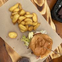 Burger with Beyond paté and some potatoes 😋   at Restavracija Kramar in Bohinjsko Jezero