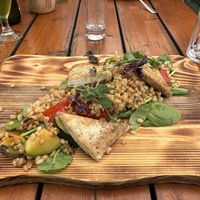 Vegan plate (barley, tofu, and vegetables)  at Restavracija Kramar in Bohinjsko Jezero
