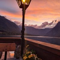 Ausblick von unserem Tisch beim Sonnenuntergang at Restavracija Kramar in Bohinjsko Jezero