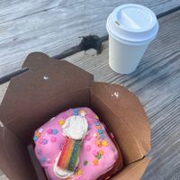 Donut and cappuccino  at Valkyrie Doughnuts in St Petersburg