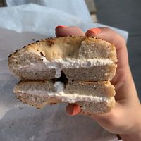 Everything Pagel w/ tofu cream cheese - so tiny  at Druthers Coffee in Stony Brook