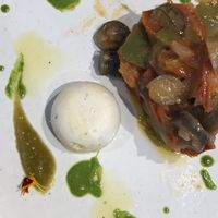 Caponata with homemade almond cheese  at il Bosco delle Galline Volanti in Barolo