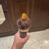 Dark chocolate kumquat flavor  at Papagiorgis Patiserie-Gelateria in Corfu