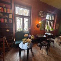 Seats at Massolit Books & Café in Krakow