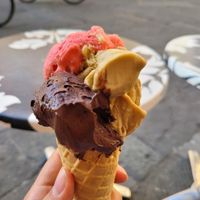 amazingly creamy! dark chocolate, strawberry and caramel at Gelateria il Masgalano in Siena