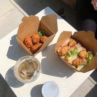 Teriyaki Karagee sandwich and Hojicha latte at Tsuchi Cafe in Toronto