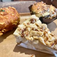 Almond hojicha sticky bun, apple crumble cheesecake, and pumpkin-filled fried dough! at Tsuchi Cafe in Toronto