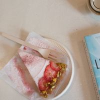 Strawberry shortcake cheesecake-vegan ofc! at Tsuchi Cafe in Toronto