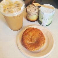 Coffee, vanilla flan, matcha tiramisu, curry pan at Tsuchi Cafe in Toronto