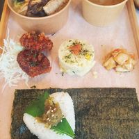 ramen, tsuchu plate (karaage, onigiri, potato salad, pickled veggies, mini ramen, and miso soup) at Tsuchi Cafe in Toronto