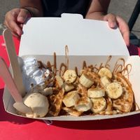 Vegan Banoffee Waffles (complete with vegan ice cream and whipped cream!)  at Iced on the Quay in Hayle