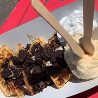 Vegan Oreo Waffles with ice cream and cream  at Iced on the Quay in Hayle