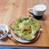 Avo toast with chilli flakes and a chai latte at The Granary Arts Cafe in Nantwich