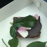 Vegan caramel brownie at Hattesgaard in Romo