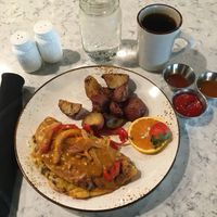 Baja Omelet breakfast (vegan as is). 5 stars. Just Egg omelet with Beyond Meat chorizo, plant-based mozzarella cheese & house-made roasted chipotle salsa. Rosemary potatoes. at Mason Jar Kitchen in Eagan