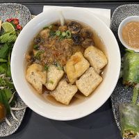 Tofu & button mushroom pho with veggie broth, and veggie summer rolls with peanut sauce  #Veganuary at Pho - Shepherds Bush in West London