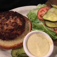 Spicy Salmon Burger at Cafe Gertrude in Portland