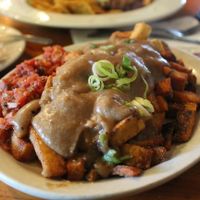 Morning Potatoes w/salsa and almond gravy at Cafe Gertrude in Portland