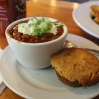 3 Bean Vegan Chilli w/vegan sour cream and onions at Cafe Gertrude in Portland