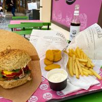 Happy Cow Burger, Nuggets, Fries and garlic dip  at FunKink Burgers in Bucharest