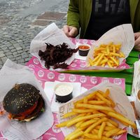 Sticky, spicy oyster mushrooms with fries and bbq sauce and Mustard burger with garlic mayo and fries at FunKink Burgers in Bucharest