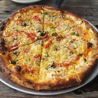 Roasted vegan pizza with vegan cheese. at Black Sheep in Beaufort