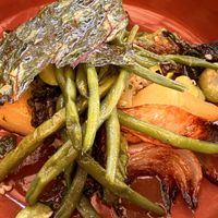 Veggie bowl with seared red chard, beans, caramelised onions, potatoes and lots of other good stuff.  at Iris Café in Bardigues