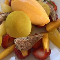 "Fraîcheur de fruits" various fruit with vegan sorbet and homemade sweet crackers.  at Iris Café in Bardigues