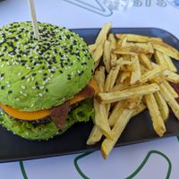 Vegan burger with fries at Hamburgueria Da Ferraria in Sintra