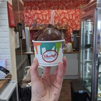 Double scoop of chocolate Nero vegan ice cream at Shorty's Ice Cream Parlour in Ballater