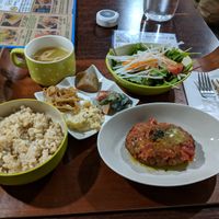 Lunch set menu with soy meat hamburger and various sides at Aju in Osaka