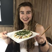 My girlfriend with the Okonomiyaki. at Aju in Osaka